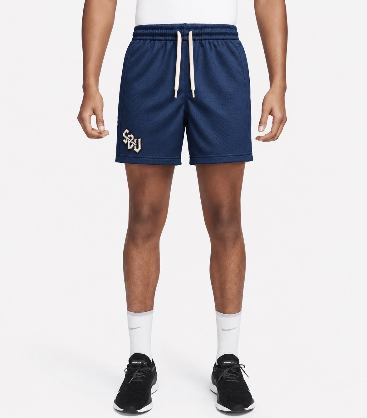 SBU navy mesh shorts worn, front view