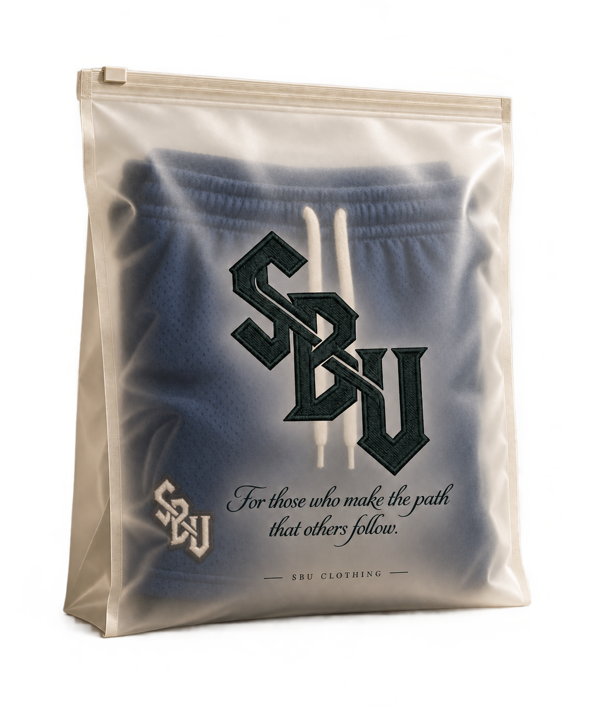 SBU mesh shorts in frosted branded packaging